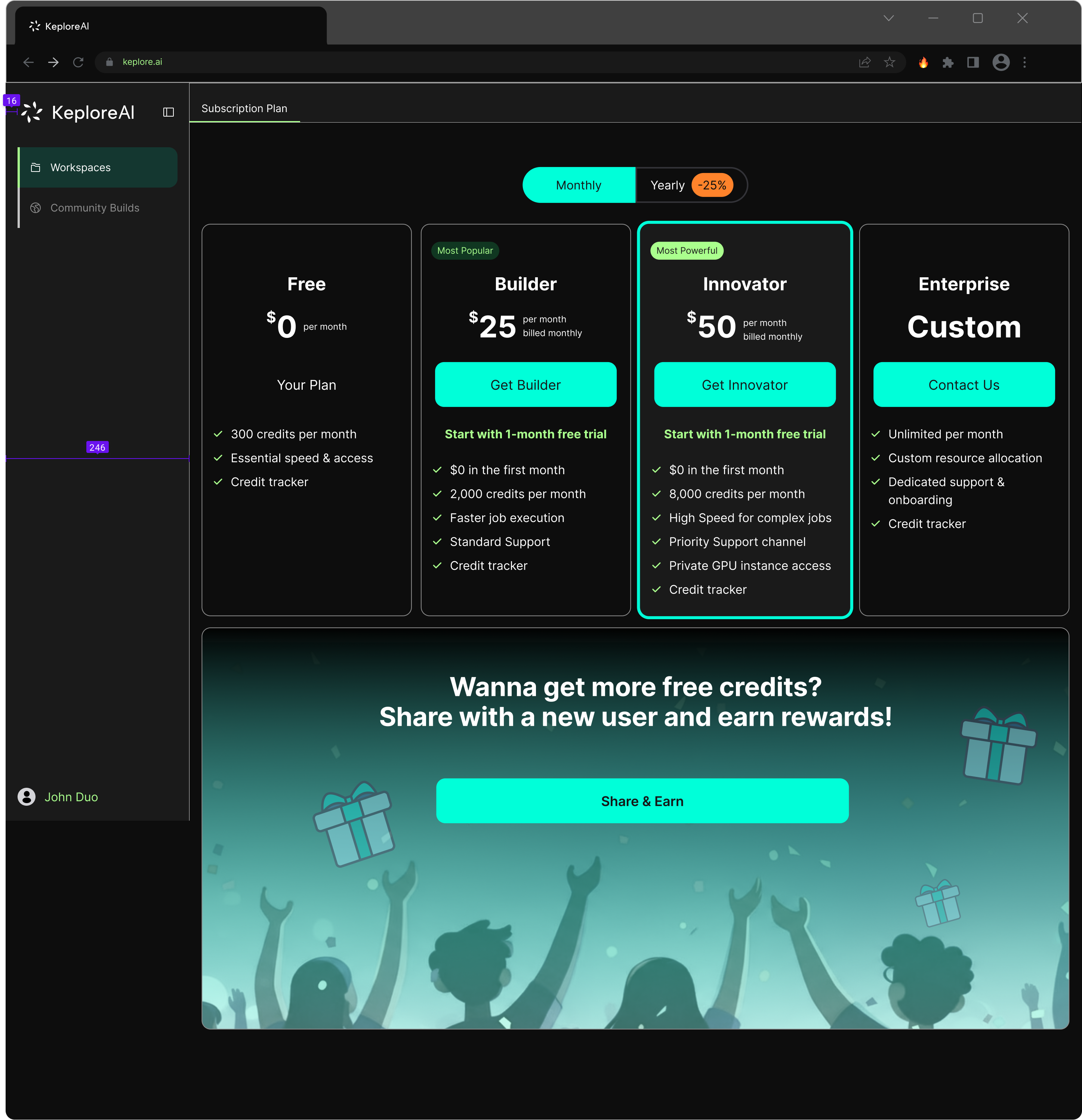 KeploreAI pricing plans page